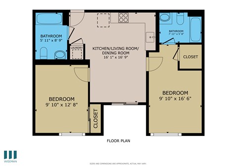 Floor plan for 2 beds, 2 baths, 731 sqft